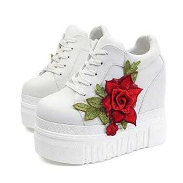 Imagem de ACE SHOCK Tênis feminino moderno plataforma salto alto oculto plataforma sapatos de caminhada noiva casamento sapatos, Branco, 34