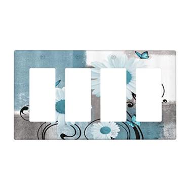 Imagem de Flor Margarida Floral Azul-Petróleo Abstrato Quad Rocker Light Switch Cover 4 Gang Decora Placa de Parede Decorativa Tomada Elétrica Coberturas Interruptor para Cozinha Banheiro Decoração de Casa Tamanho Padrão