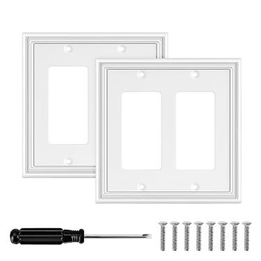 Imagem de Placa de parede decorativa branca moderna para interruptor de luz decorativa capas de saída para interruptor basculante placas de fibra de bambu placas de parede para cozinha banheiro (2 gangs decorador duplo - 2 pacotes)