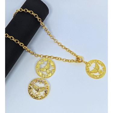 Imagem de Kit Colar + Brincos Corrente Elos Português com Pingente Medalha Redonda Divino Espirito santo Abençoada por Deus