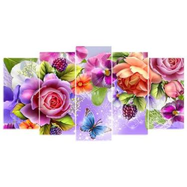 Imagem de Painel De Quadro Mosaico 5 Partes Para Sala Flores Borboleta - Paradec