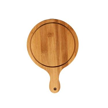 Imagem de 1 bandeja redonda natural de bambu de madeira com alça para cortar a placa de pizza caseira para uso doméstico e bandeja de madeira de lavagem., Natural, 8Inch
