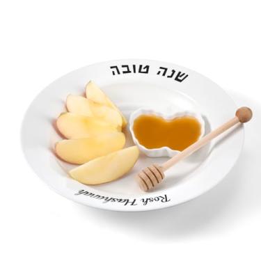 Imagem de Teenyyou Prato e prato de 25 cm Rosh Hashaná Maçã e Mel Ano Novo Judaico Presentes de Festa de Cerâmica Prato de Maçã de Madeira Molho de Mel Rosh Hashaná Presente de Natal Shana Tova Decorações de