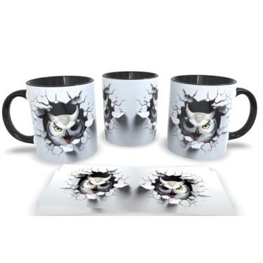 Imagem de Caneca Preta de Porcelana Personalizadas Arte Espelhada em 3D Animais (Coruja)