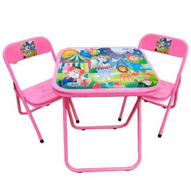 Imagem de Conjunto Mesa Mesinha Infantil e 2 Cadeiras Dobrável Até 40 Kg Rosa Es