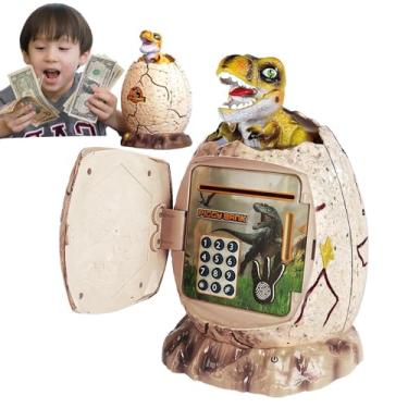 Imagem de Banco de dinheiro de dinossauro para meninos,Caixa de moedas de dinheiro ATM com bloqueio de código de senha de impressão digital - Banco de moedas com senha 3 em 1, caixa de música Pape com rolagem a