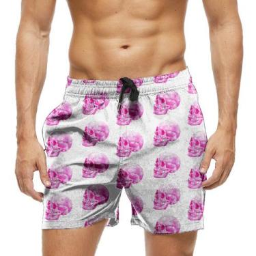 Imagem de Short Praia Shorts Banho Bermuda Verão Caveiras Rosas Estilo Pink 852 