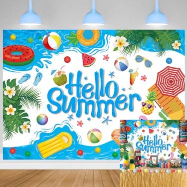 Imagem de XCKALI Hello Summer Pano de fundo verão piscina havaiana tropical prancha de surf decoração de festa desenho animado Olá verão crianças decoração de chá de bebê 19 x 1,5 m