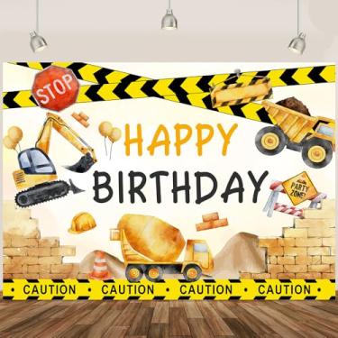 Imagem de Tema de construção Happy Birthday Pano de fundo amarelo escavadeira sinais de cautela de construção para meninos e crianças, cenário de construção, aniversário, fotografia de fundo para casa, interior
