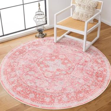 Imagem de MUJOO Tapete circular de 1,2 m, tapete redondo rosa lavável, tapetes circulares boho para quarto, entrada, banheiro, sala de estar, tapete pequeno antiderrapante macio rosa floral