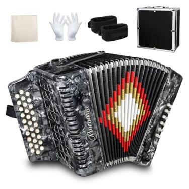 Imagem de Acordeão - 31 teclas, 12 graves diatônicos profissionais, acordeão de botão portátil premium para adultos e iniciantes com capa protetora grossa (cinza)
