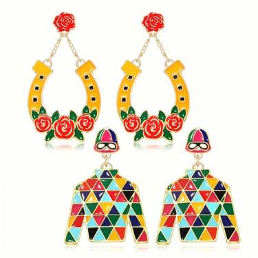 Imagem de VOGUEKNOCK 2 pares de brincos Derby para mulheres, Kentucky Derby, cavalo, ferradura, brincos pendentes, presentes para fãs de corrida, Zinco, Sem pedra preciosa