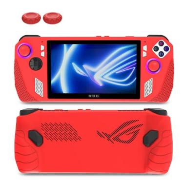 Imagem de HUAYUWA Capa protetora de silicone macio (vermelha) adequada para ASUS Rog Ally 7 polegadas Gaming Handheld 2023 capa com capas de joystick tampas analógicas anti-riscos confortável conjunto de aderência de polegar