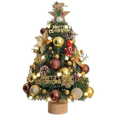 Imagem de Árvore de Natal artificial,Árvore de Natal de mesa,Árvore de férias com enfeites de estrela, luzes de corda e enfeites | Árvore verde de 17,7 polegadas para decoração de mesa doméstica