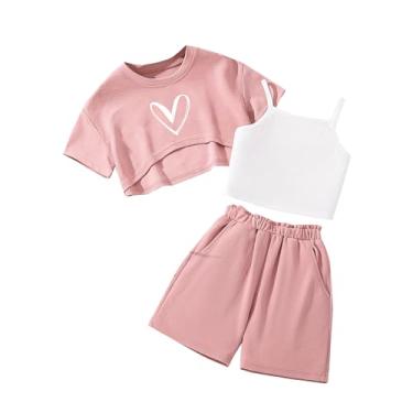 Imagem de Hilinker Conjunto de 3 peças para meninas de verão, camiseta cropped e blusa com shorts, Coração rosa, 11-12 Anos