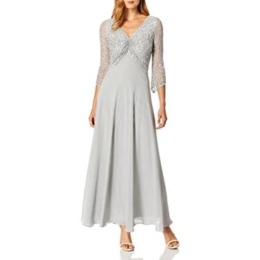 Imagem de J Kara Vestido longo feminino manga 3/4 gola V com contas, Prata/metal/prata, 44