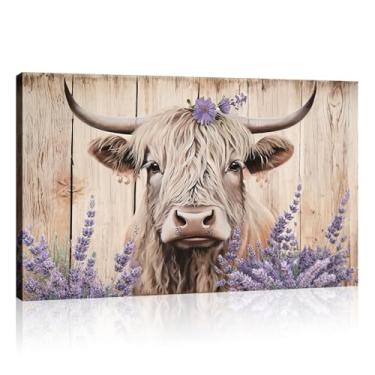 Imagem de Arte de parede em tela highland vaca decoração de parede rústica fazenda animal pintura gado e flores roxas imagens de fundo de madeira arte emoldurada para decoração de casa pronto para pendurar