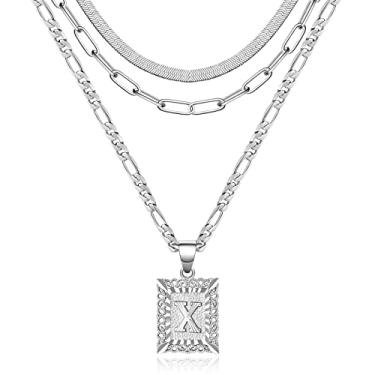 Imagem de KissYan Conjunto de colar em camadas de ouro para meninas, colar com pingente de letra inicial folheada a ouro 14K Gargantilha de cobra Alfabetos de corrente A-Z Fígaro corrente colar joias presente, Latão, Zircônia cúbica