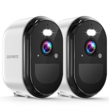 Imagem de Câmeras de segurança 2K sem fio externas, câmera interna alimentada por bateria WiFi para segurança doméstica com detecção de movimento AI, holofote, conversa bidirecional, sirene, IP65, armazenamento