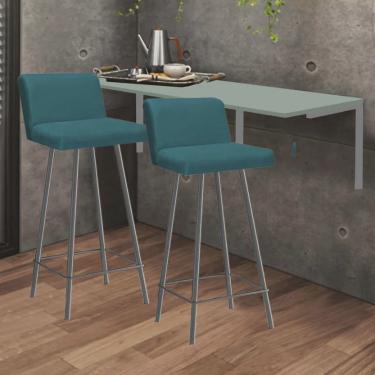 Imagem de Kit Mesa Suspensa de Parede Fixa mdf Verde Oliva + 2 Banquetas Lexi Ferro Prata Suede Azul Turquesa - Ahazzo Móveis