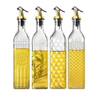 Imagem de Ruiao 4 garrafas dispensadoras de azeite de oliva de 500 ml para cozinha, conjunto de dispensador de óleo de vidro transparente e vinagre, dispensador de xarope de café com 4 dosadores dourados e 1