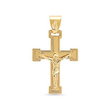 Imagem de Pingente de crucifixo Bling Factory grande 32 mm x 46 mm banhado a ouro 14 k com borda de milgrain + microfibra