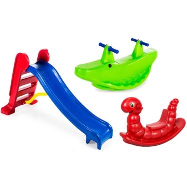 Imagem de Escorregador infantil 3 degraus com gangorra lagarta E jacaré - cores vibrantes