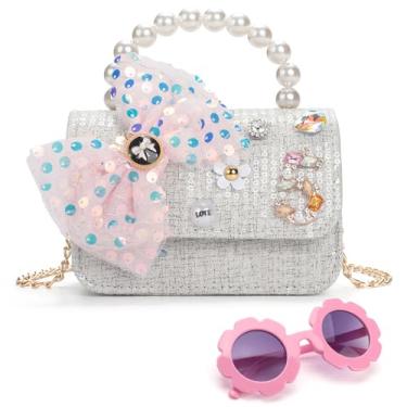 Imagem de LJCTULY Bolsa infantil para meninas com óculos de sol, bolsa transversal infantil com alça de pérola, bolsa pequena para meninas, Cinza