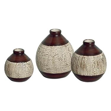 Imagem de Trio Vaso Decorativo de Mesa Pequeno em Cerâmica Oasis Marrom e Palha Ganash