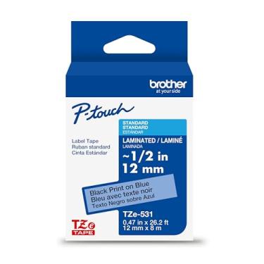 Imagem de Brother Fita P-Touch TZE-531 genuína, fita P-Touch laminada padrão de 1,2 cm, preta em azul, laminada para uso interno ou externo, resistente à água, 8 m, pacote único