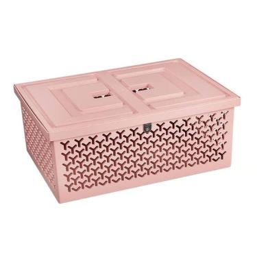 Imagem de Caixa Organizadora Rosa com Tampa Grande Crippa Cesto Lavanderia Brinquedos Closet Escritório