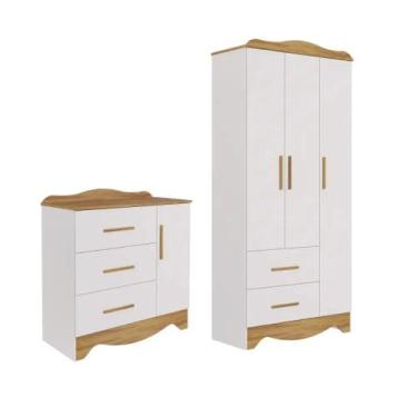 Imagem de Quarto Bebe Cômoda e Guarda Roupa Moveis Peroba Clara MDF Ls, Branco A