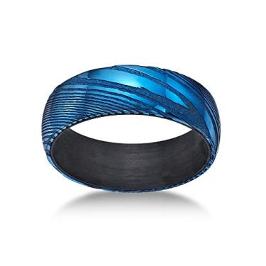 Imagem de Metro Jewelry Anel de aço damasco masculino com revestimento de fibra de carbono e íon azul - 8 mm de largura - Tamanho 8 a 12, Metal Metal carbono, Sem pedra preciosa