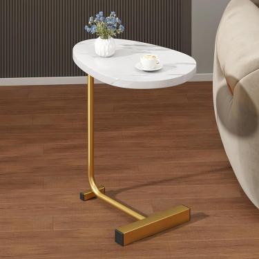 Imagem de Mesa Lateral Em Forma De C, Mesa De Apoio, Mesas Laterais De Quarto, Mesa De Apoio De Sofá, Mesa Lateral De Sofá Que Desliza Sob O Sofá-cama, Montagem Fácil, White+gold, H-62cm/24.4in
