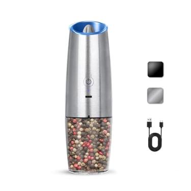 Imagem de KIARYUOLL Conjunto de moedor elétrico recarregável de sal e pimenta, conjunto de moedor elétrico de sal e pimenta por gravidade automática, rugosidade ajustável, luz de LED, 1 pacote, (prata)