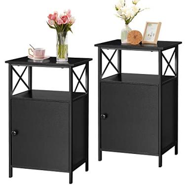 Imagem de VECELO Armazenamento lateral de 66 cm, mesa de cabeceira de grande capacidade para sala de estar, quarto, escritório, fácil de montar, conjunto de 2, mesa de canto com armário, preto antigo