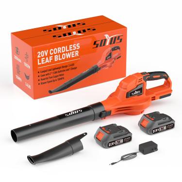 Imagem de SOYUS Soprador de folhas, soprador de folhas de 20 V sem fio com bateria de 2 x 2,0 Ah e carregador, soprador de folhas elétrico de 300 km/h com modo de duas velocidades, sopradores para cuidados com