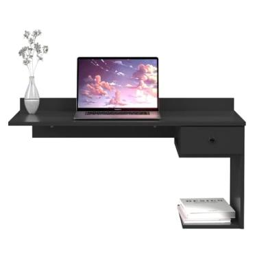 Imagem de Escrivaninha Suspensa Mesa Computador Notebook com 1 Gaveta Prateleira para Escritório Quarto(Preto)