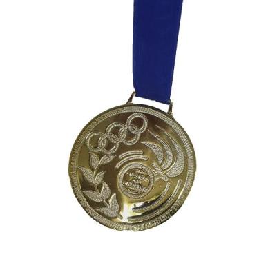 Imagem de Medalha de Ouro Honra Ao Mérito Espelhada Brilhante C/ Fita Azul 767 -