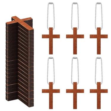 Imagem de 100 peças/50 conjuntos de pingentes de cruz de madeira pequena católica alívio de estresse Fidget Cruz de Madera mini pingente de cruz de bolso com 50 peças de corrente de bola para artesanato, joias