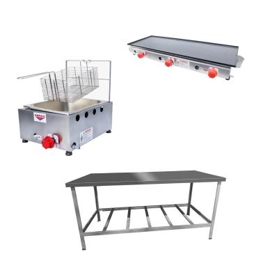 Imagem de Kit Lanchonete Mesa De Manipulação 190x70cm + Fritadeira A Gás 1 Cuba + Chapa A Gás 90cm Alcamar