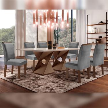 Imagem de Conjunto Sala De Jantar Genova Tampo Vidro/Mdf Com 6 Cadeiras Luísa Smart Plus Cel Móveis Chocolate/Off White/Cinza