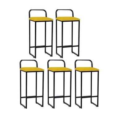 Imagem de Kit 05 Banqueta Alta Luffi Com Encosto Cozinha Bar Balcão Bistrô Ferro Preto Corino Amarelo