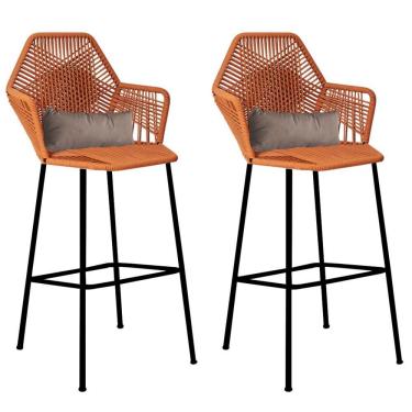 Imagem de Kit 02 Banqueta Alta Sttar Ferro Preto Fibra Terracota Almofada Bege