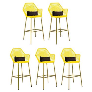 Imagem de Kit 05 Banqueta Alta Com Encosto Sttar Ferro Dourado Fibra Amarelo Almofada Suede Marrom