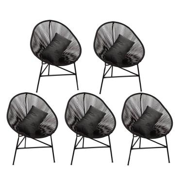 Imagem de Kit 05 Poltrona Cadeira Acapulco Plus Com Almofada Quadrado Preto Suede Cinza