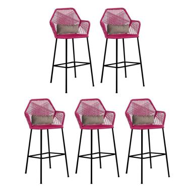 Imagem de Kit 05 Banqueta Alta Com Encosto Sttar Balcão Ferro Preto Fibra Pink Almofada Corino Bege