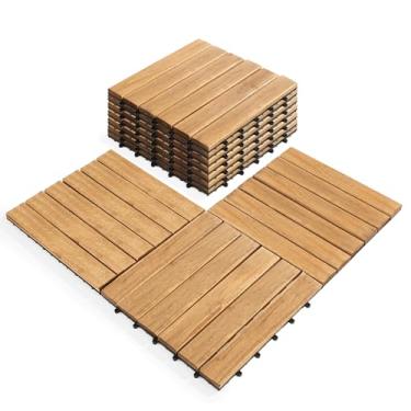 Imagem de Pacote com 10 azulejos de deck - 30,5 x 30,5 cm de madeira de acácia sólida natural interligada para ambientes externos e internos, jardim, varanda, piscina - Natural6 cores