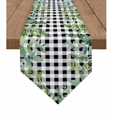Imagem de Futuregrace Caminho de mesa com folha de eucalipto, preto, branco, búfalo, xadrez, antiderrapante, 182,88 cm L, protetor de mesa com proteção térmica para decoração de mesa de jantar de cozinha