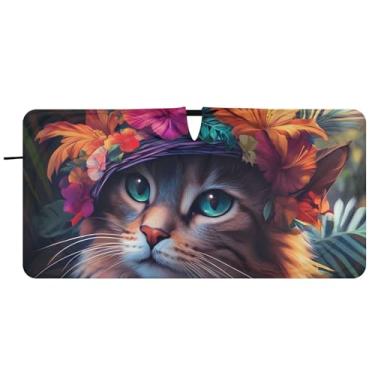 Imagem de Chapéu floral de gato boho girassol personalizado para-brisa de carro sombra de sol bonito dobrável janela de carro para-brisa frontal floral animal, 81 cm x 157 cm